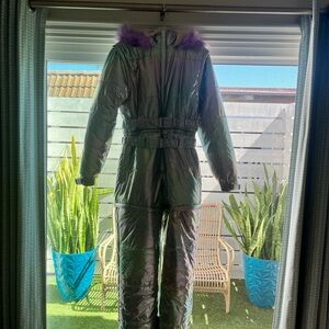 Iridescent Ski Suit with Purple Faux Fur Trim - DollsKill